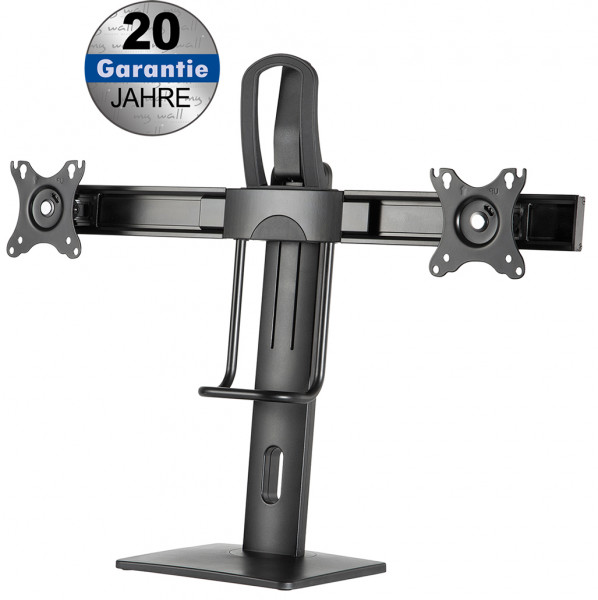 Height adjustable desk stand for 2x flat screens with spring system