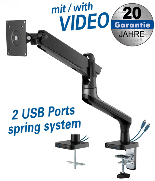 Full-Motion Desk Stand with spring system & 2 USB ports for flat screens
