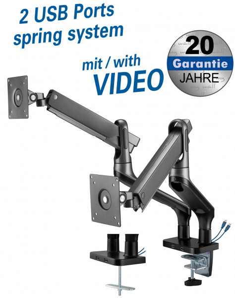 Full-Motion Desk Stand with spring system & 2 USB ports for 2x flat screens